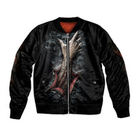 Black satin bomber jacket with front skull graphic, zip-up front, ribbed cuffs and hem