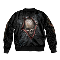 Black satin bomber jacket with back skull face graphic, ribbed collar, cuffs, and hem