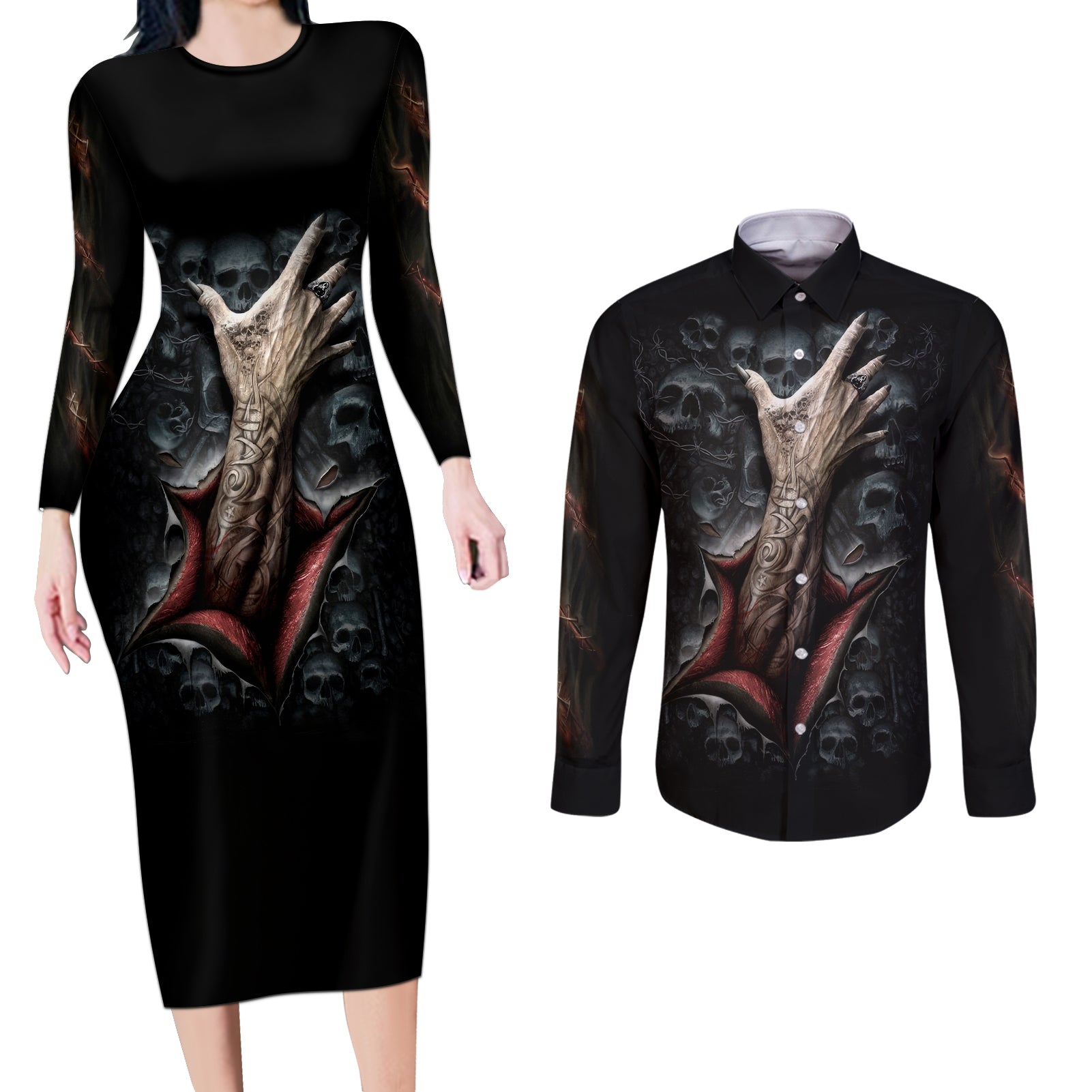 Skull Couples Matching Long Sleeve Bodycon Dress and Long Sleeve Button Shirts Skeleton Ripped inside - Wonder Print Shop