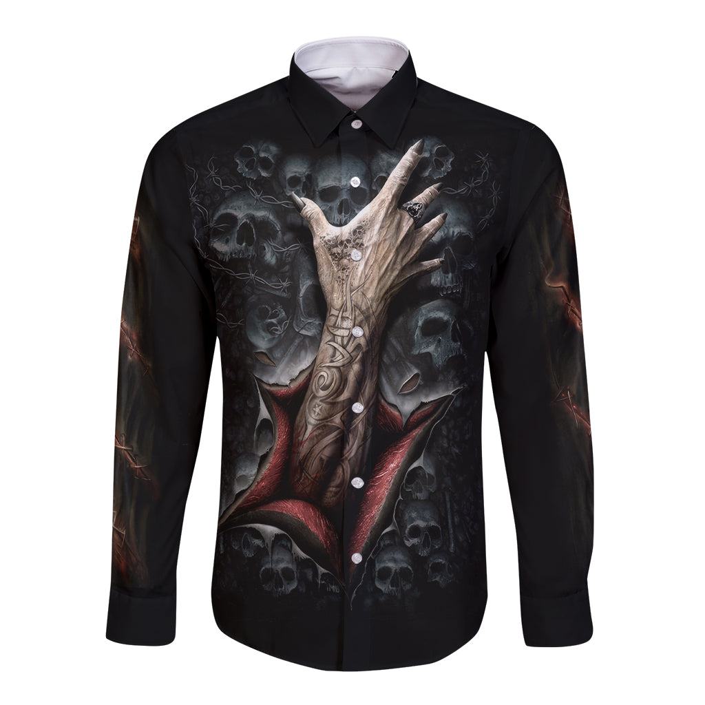Unisex black long sleeve button shirt with skull and skeleton hand graphic