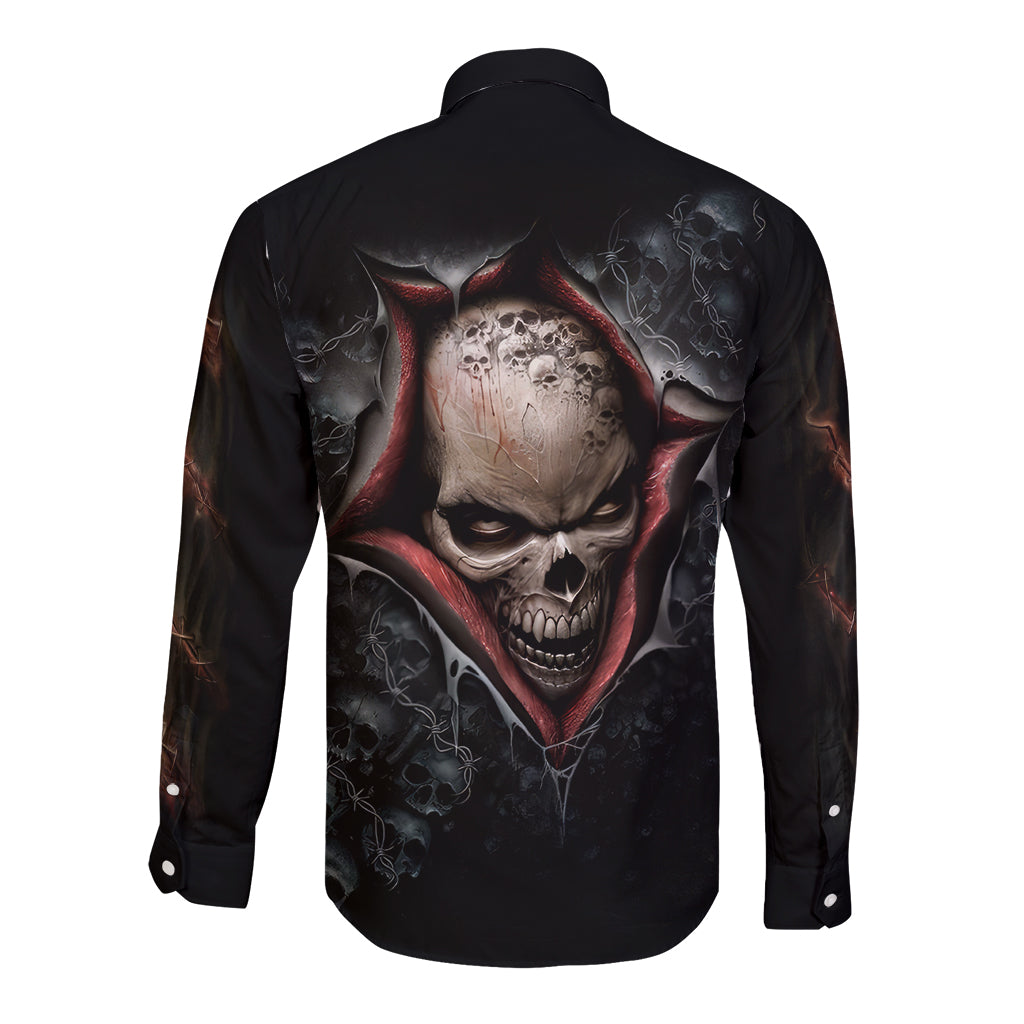 Unisex black long sleeve button shirt with back skull face graphic and red accents