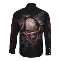 Unisex black long sleeve button shirt with back skull face graphic and red accents
