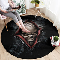 Black round skeleton graphic carpet with red hood skull center and spiderweb patterns