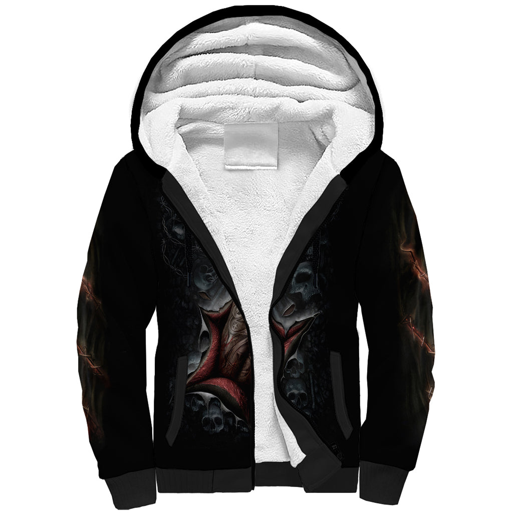 Skull Sherpa Hoodie Skeleton Ripped inside DT01