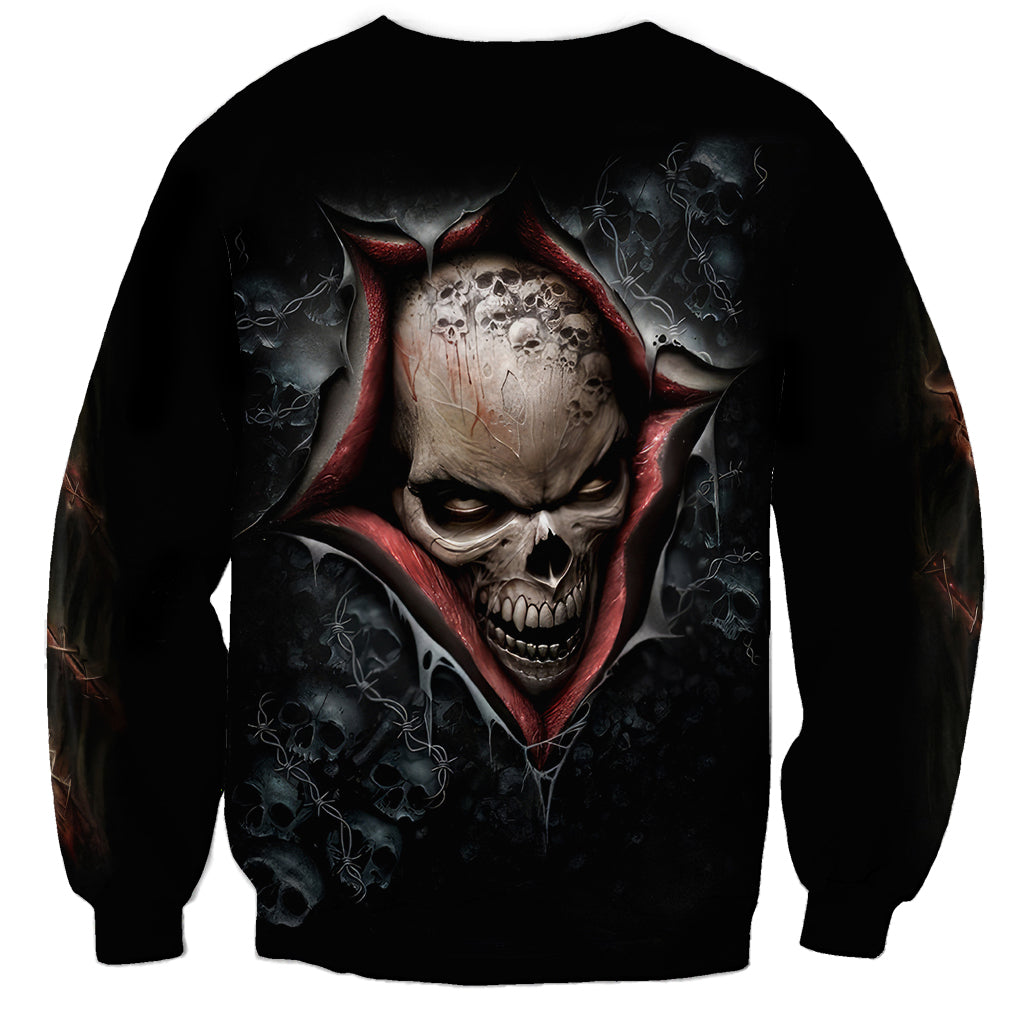 Black unisex skull sweatshirt with back skull face and red hood graphic