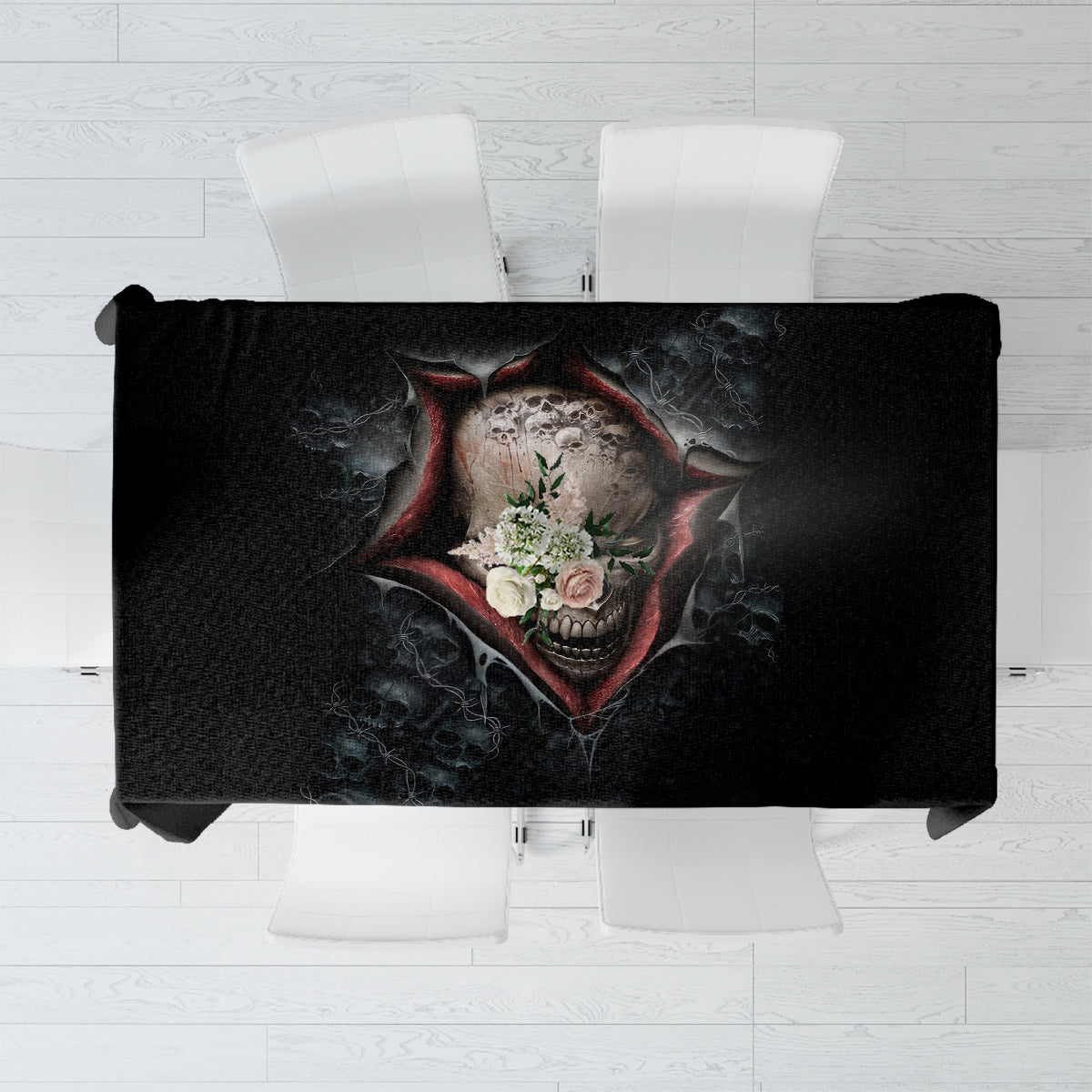 Black skull tablecloth with red-eyed skeleton graphic, torn-edge design