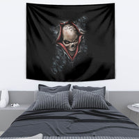 Black skull skeleton tapestry showing snarling skull with red accents