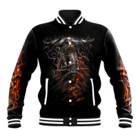 Black baseball jacket with flaming skull rider front graphic, striped ribbed collar
