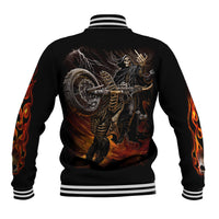 Black baseball jacket with rider holding wheel back graphic, striped ribbed hem cuffs