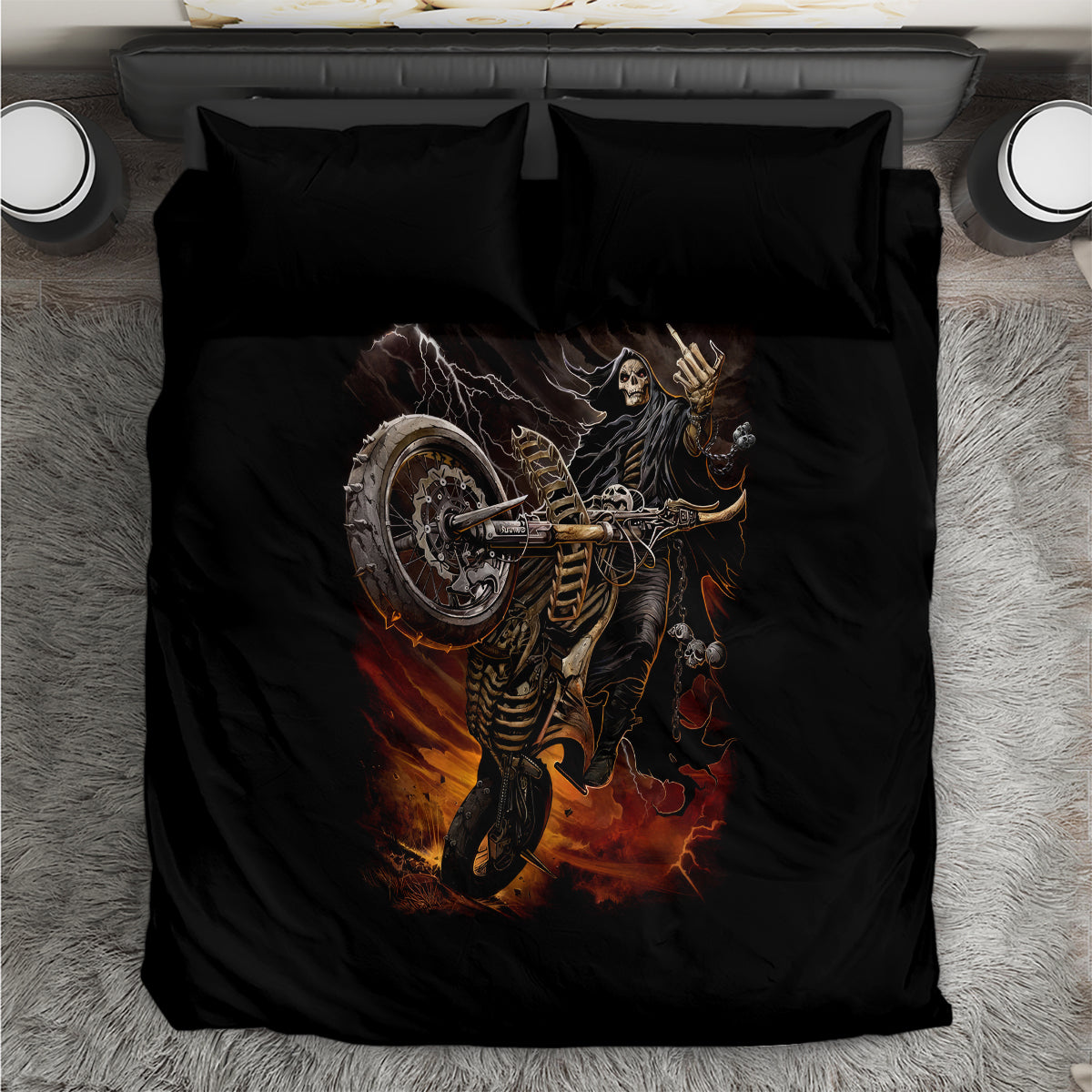 Black motorcycle skeleton bedding set with printed duvet and two pillowcases
