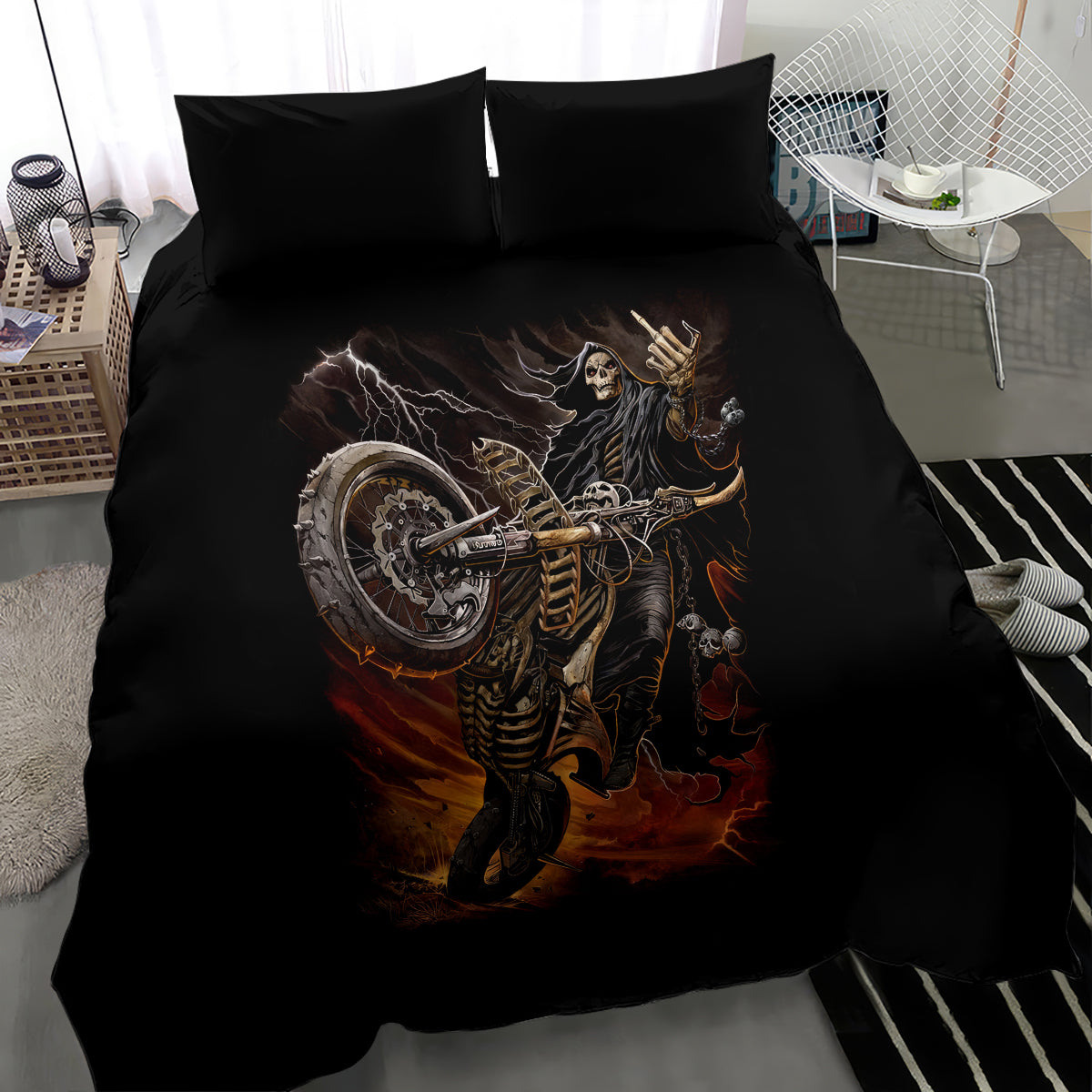 Black motorcycle skeleton duvet cover with bold rider graphic and two dark pillowcases