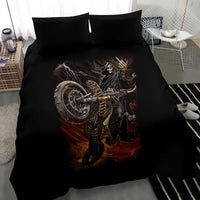 Black motorcycle skeleton duvet cover with bold rider graphic and two dark pillowcases
