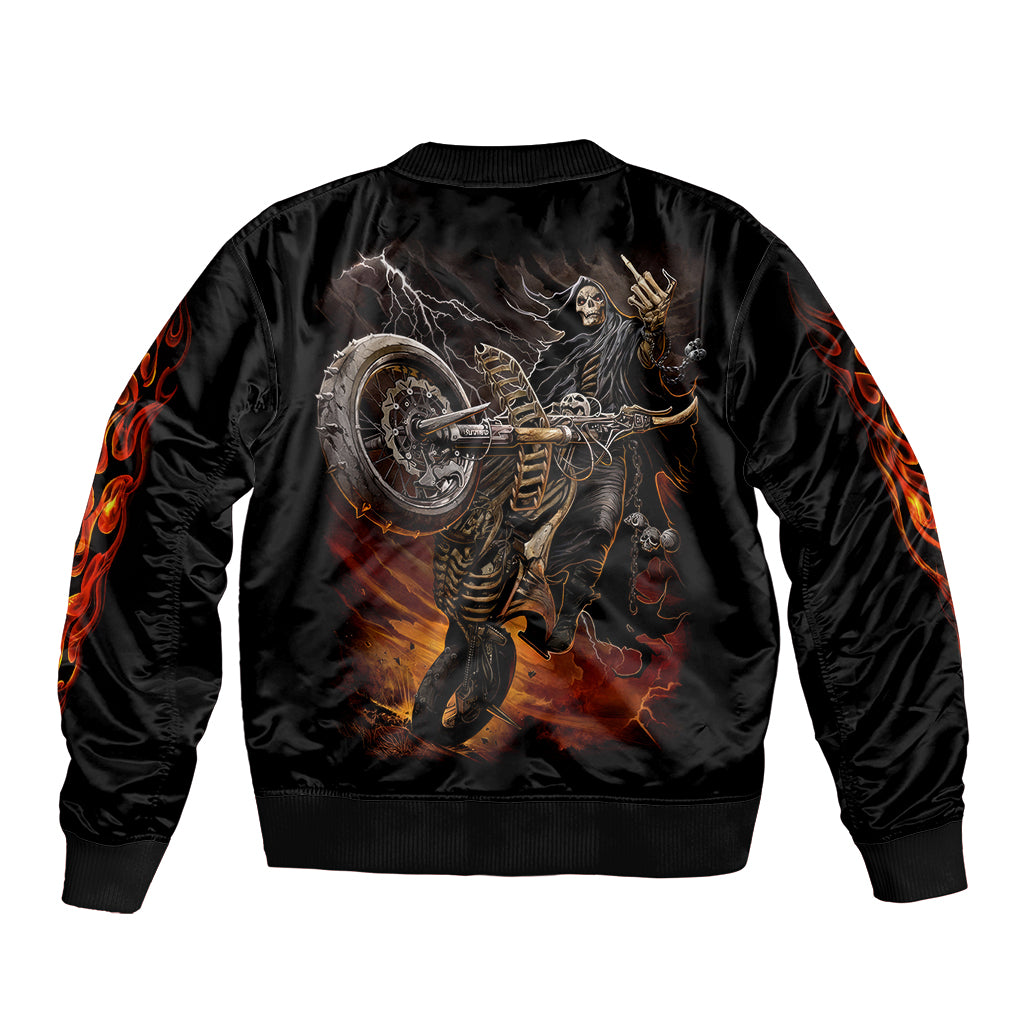 Black satin bomber jacket with back skull skeleton and orange flame motorcycle print