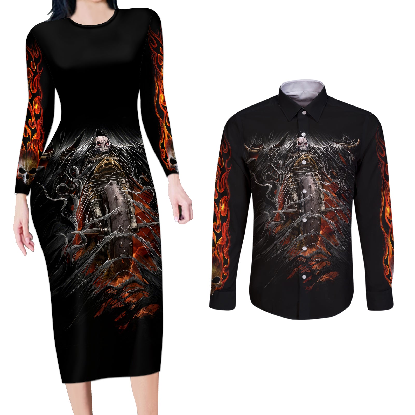 Flaming Skull Couples Matching Long Sleeve Bodycon Dress and Long Sleeve Button Shirts Death Angel Riding Motocycle - Wonder Print Shop