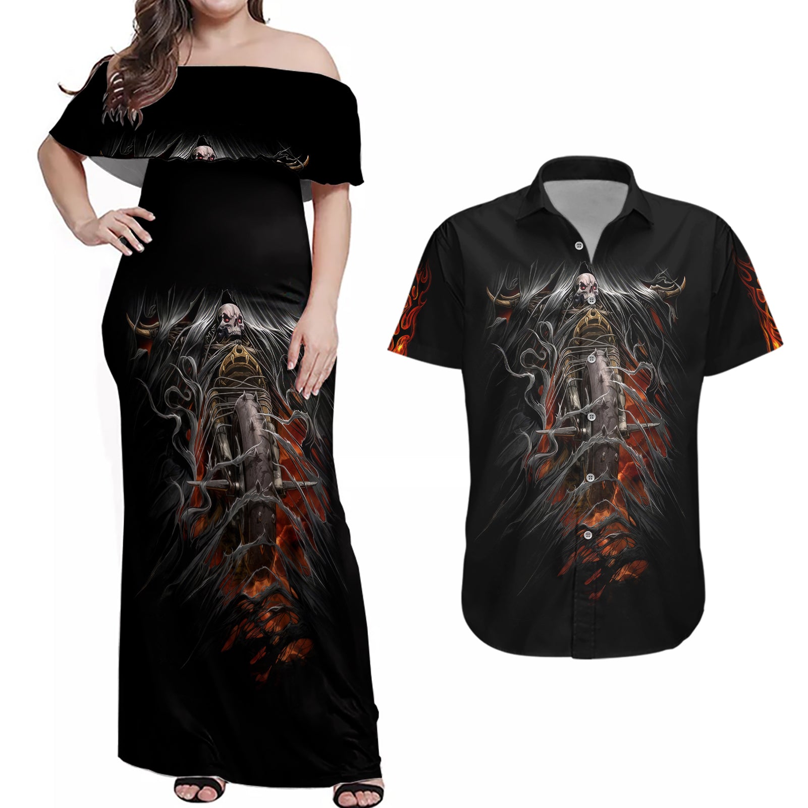 Flaming Skull Couples Matching Off Shoulder Maxi Dress and Hawaiian Shirt Death Angel Riding Motocycle - Wonder Print Shop