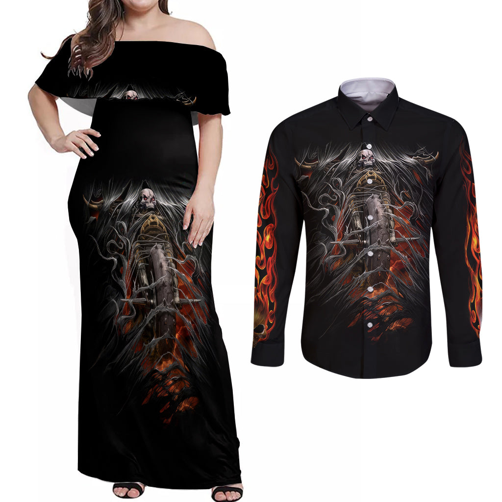 Flaming Skull Couples Matching Off Shoulder Maxi Dress and Long Sleeve Button Shirts Death Angel Riding Motocycle - Wonder Print Shop