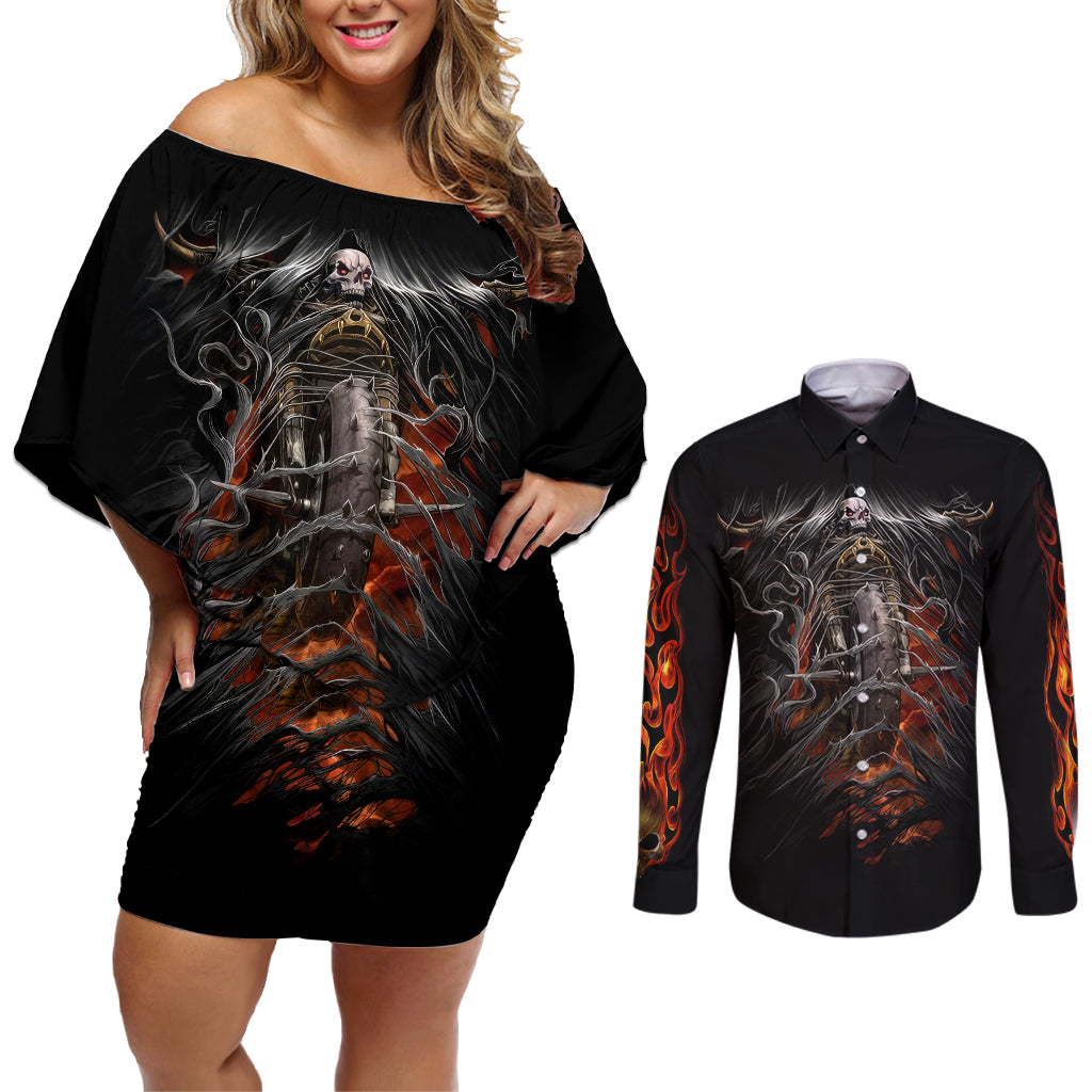 Flaming Skull Couples Matching Off Shoulder Short Dress and Long Sleeve Button Shirts Death Angel Riding Motocycle - Wonder Print Shop