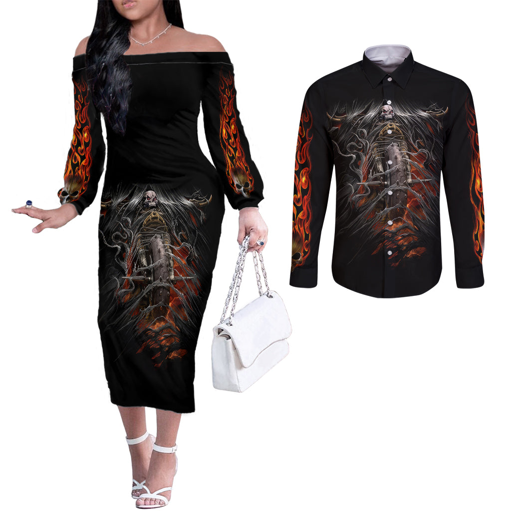 Flaming Skull Couples Matching Off The Shoulder Long Sleeve Dress and Long Sleeve Button Shirts Death Angel Riding Motocycle DT01