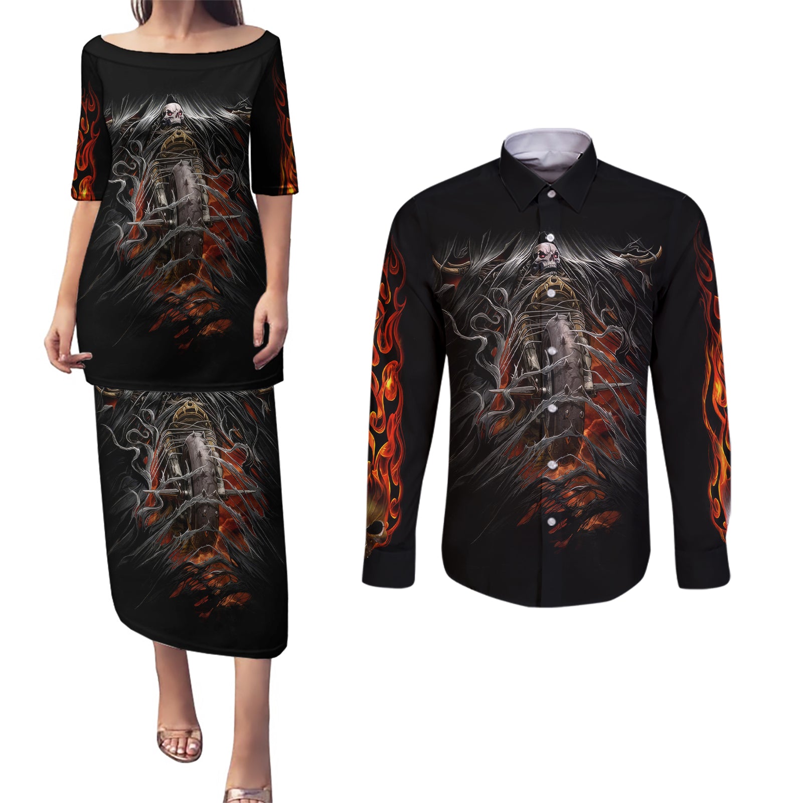 Flaming Skull Couples Matching Puletasi Dress and Long Sleeve Button Shirts Death Angel Riding Motocycle - Wonder Print Shop