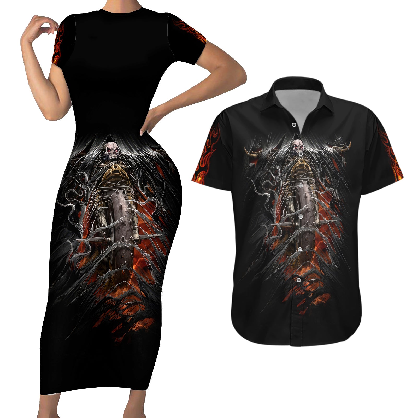 Flaming Skull Couples Matching Short Sleeve Bodycon Dress and Hawaiian Shirt Death Angel Riding Motocycle - Wonder Print Shop