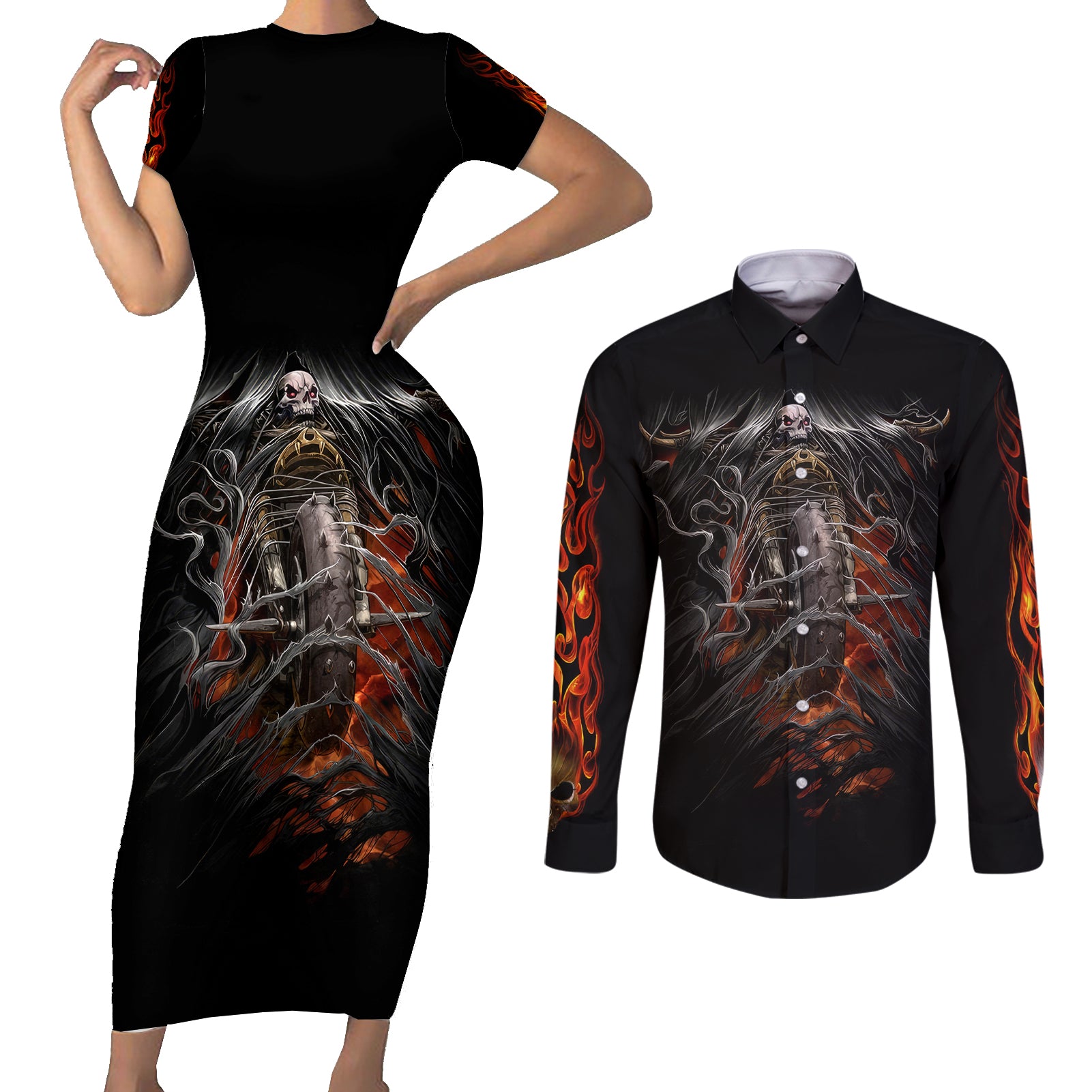 Flaming Skull Couples Matching Short Sleeve Bodycon Dress and Long Sleeve Button Shirts Death Angel Riding Motocycle - Wonder Print Shop