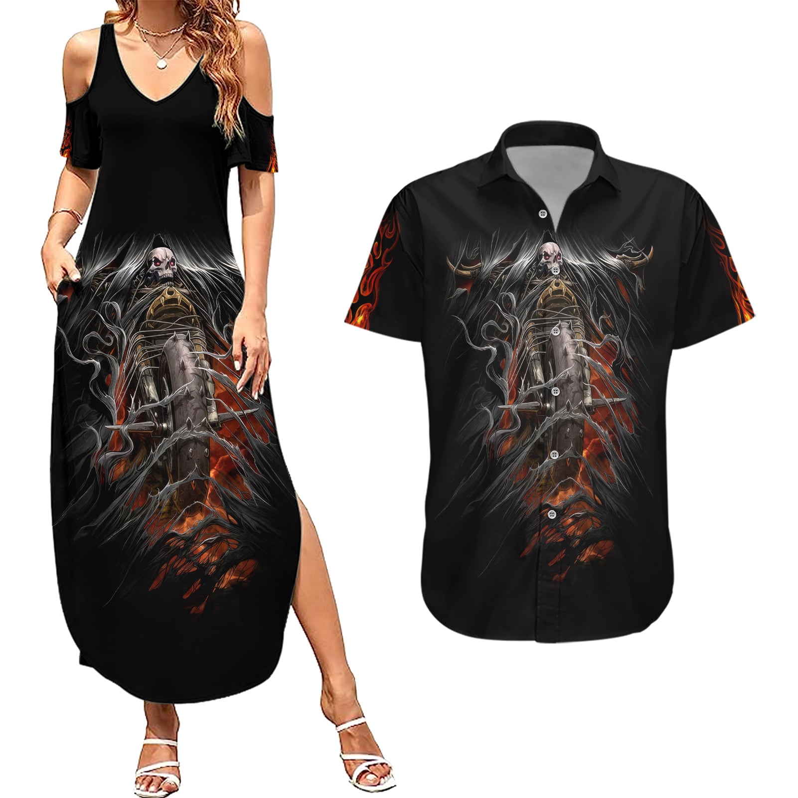 Flaming Skull Couples Matching Summer Maxi Dress and Hawaiian Shirt Death Angel Riding Motocycle - Wonder Print Shop