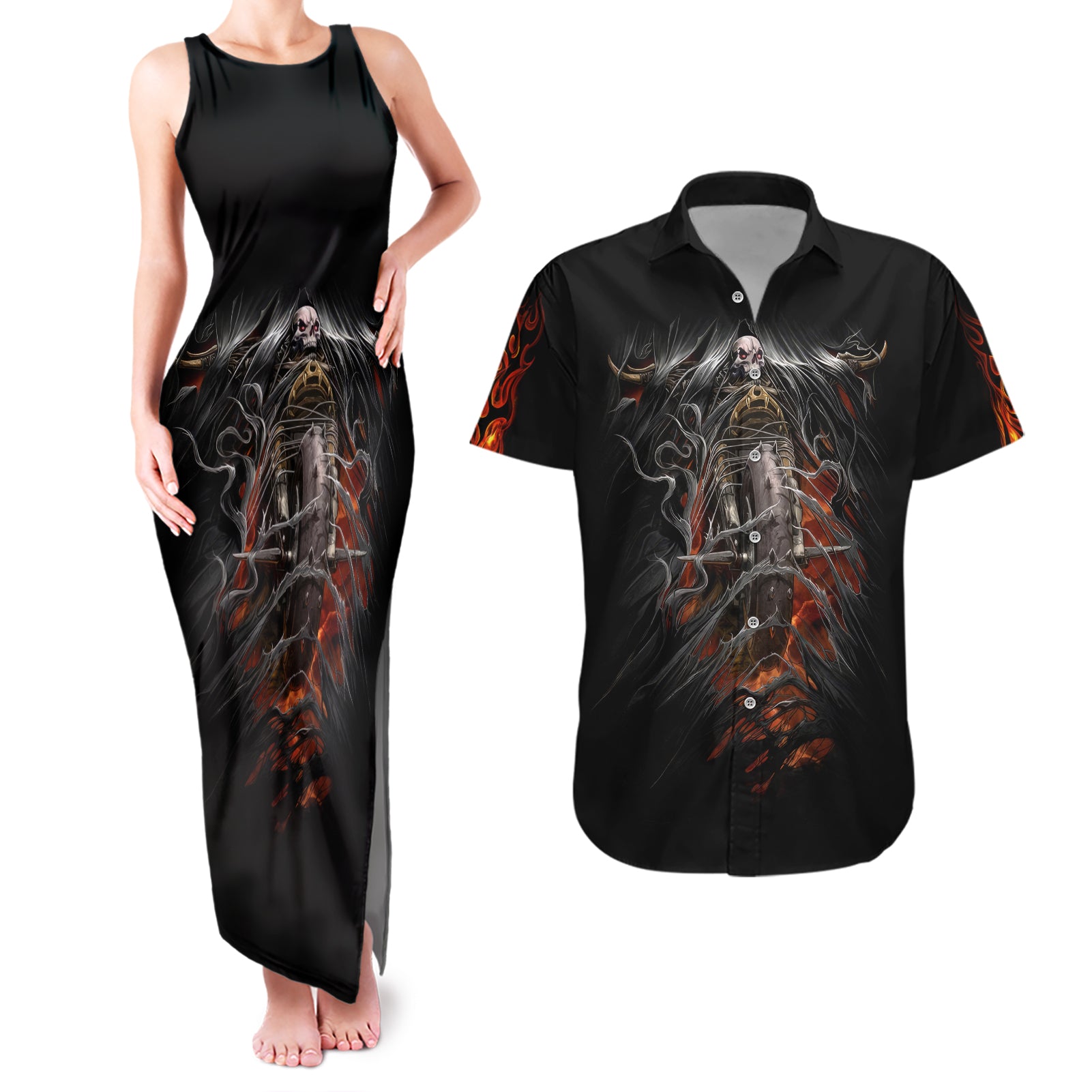 Flaming Skull Couples Matching Tank Maxi Dress And Hawaiian Shirt Death Angel Riding Motocycle - Wonder Print Shop