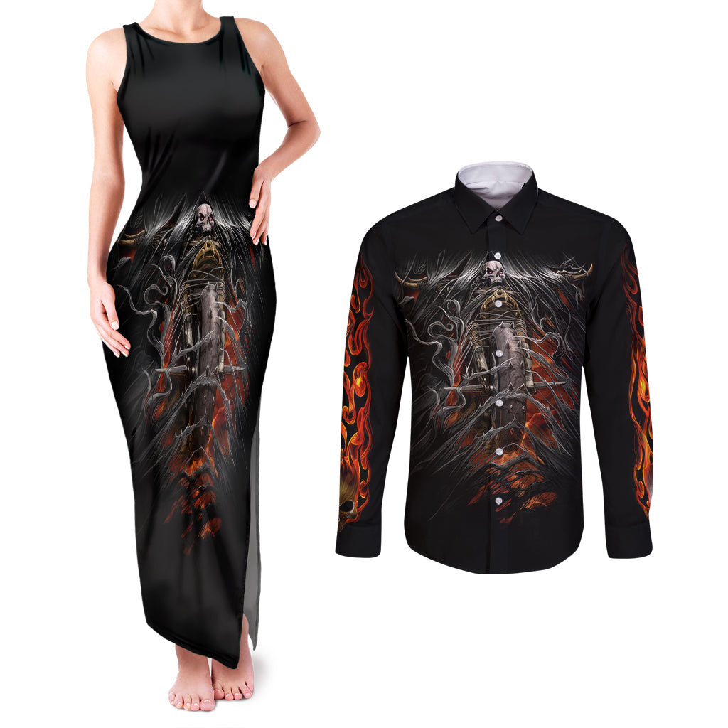 Flaming Skull Couples Matching Tank Maxi Dress and Long Sleeve Button Shirts Death Angel Riding Motocycle - Wonder Print Shop