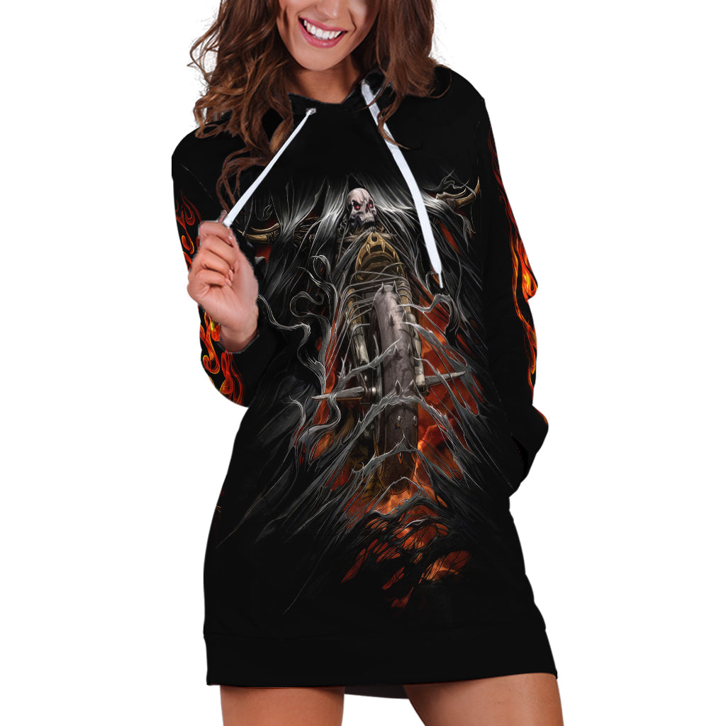 Flaming Skull Hoodie Dress Death Angel Riding Motocycle - Wonder Print Shop