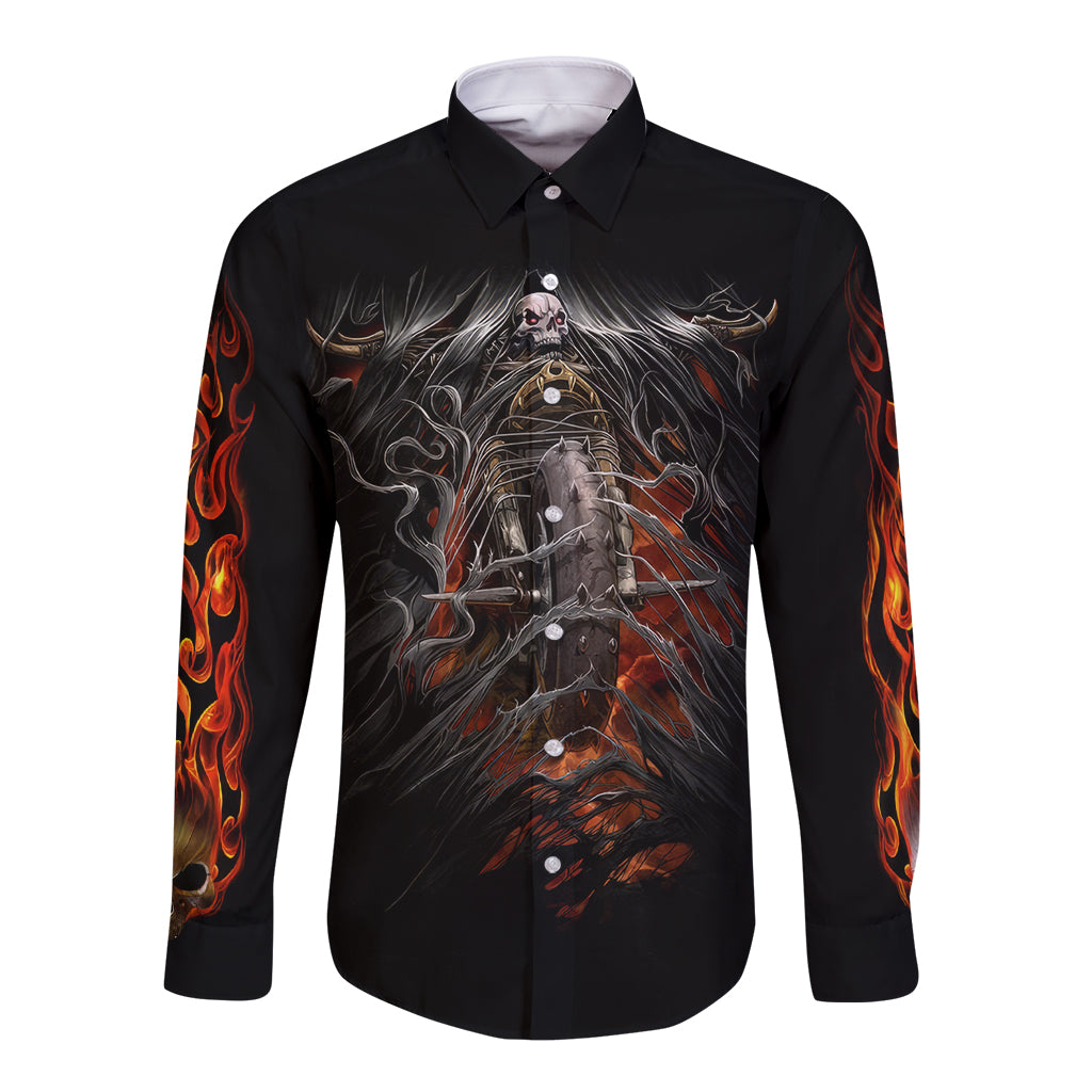 Flaming Skull Long Sleeve Button Shirt Death Angel Riding Motocycle - Wonder Print Shop