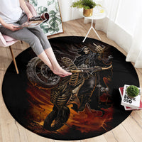 Black round rug featuring a flaming skull skeleton on a motorcycle, fiery bone graphics