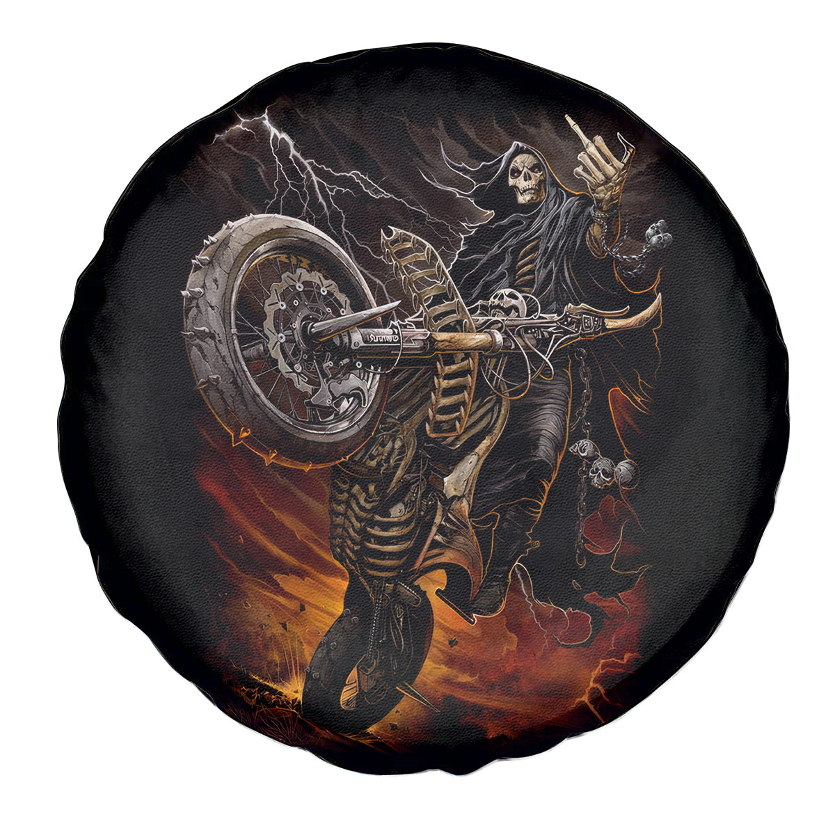 Flaming Skull Spare Tire Cover Death Angel Riding Motocycle - Wonder Print Shop