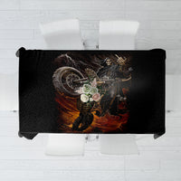 Black tablecloth with dark skull-and-rider graphic, rectangular cloth laid flat