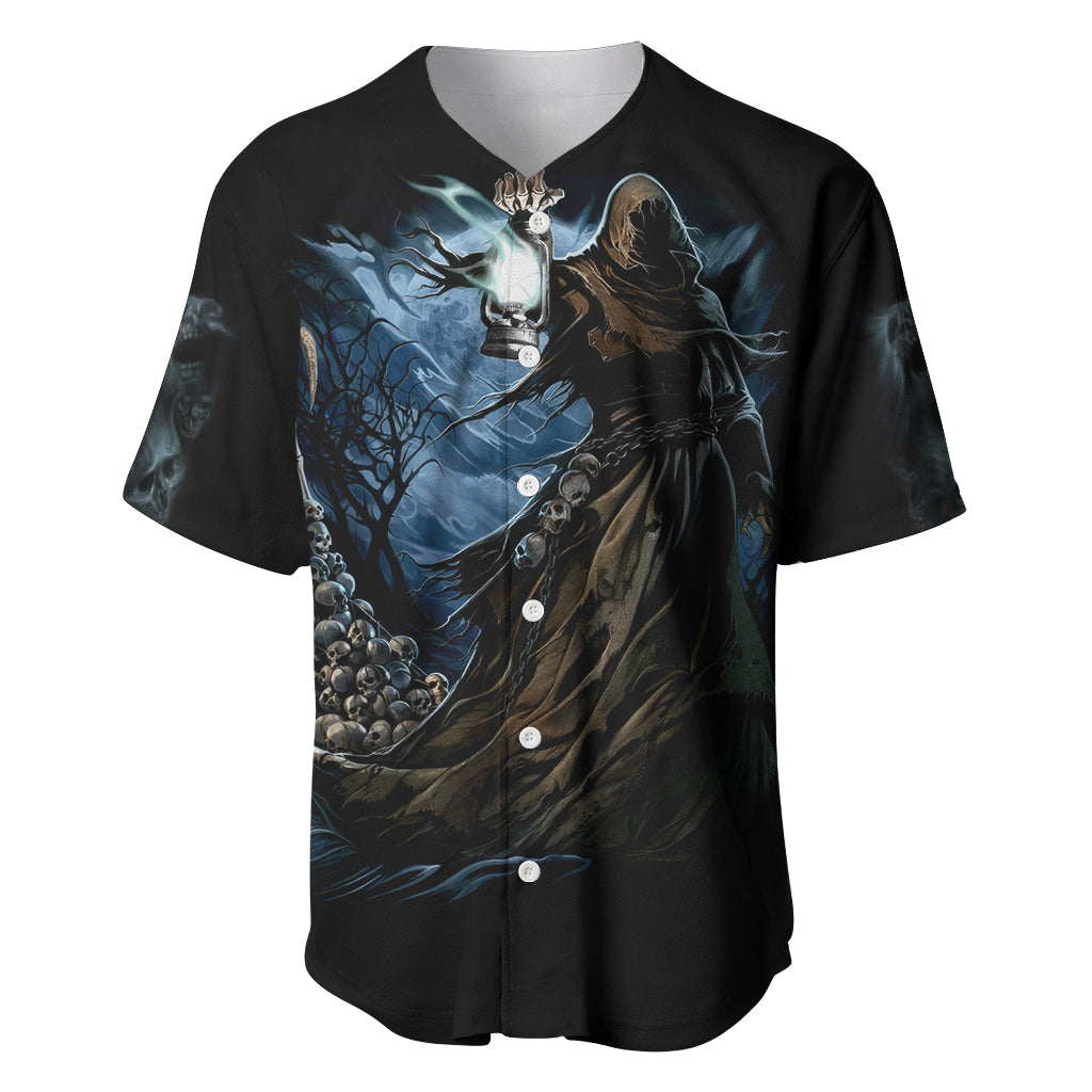 Grim Reaper Baseball Jersey The Ferryman Of The Underworld with Charon Skull Black - Wonder Print Shop