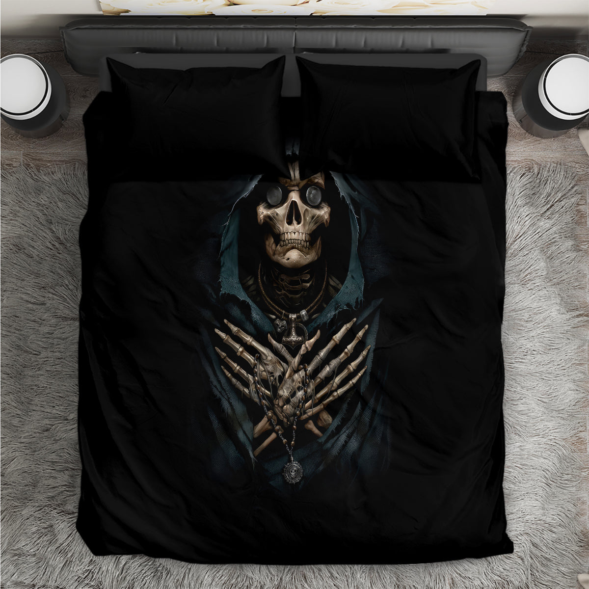 Black bedding set with grim reaper skull artwork on duvet and matching pillowcases