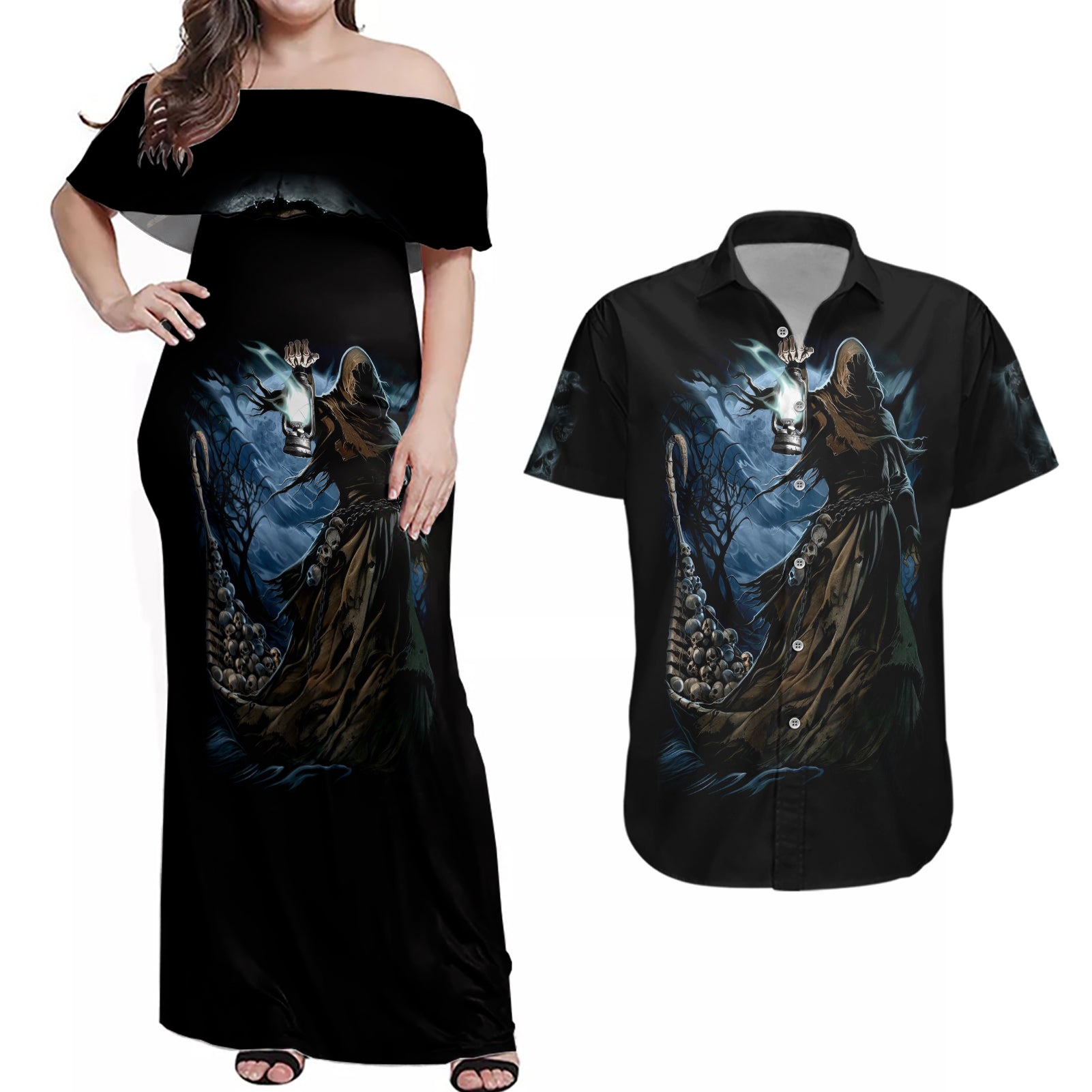 Grim Reaper Couples Matching Off Shoulder Maxi Dress and Hawaiian Shirt The Ferryman Of The Underworld with Charon Skull Black - Wonder Print Shop