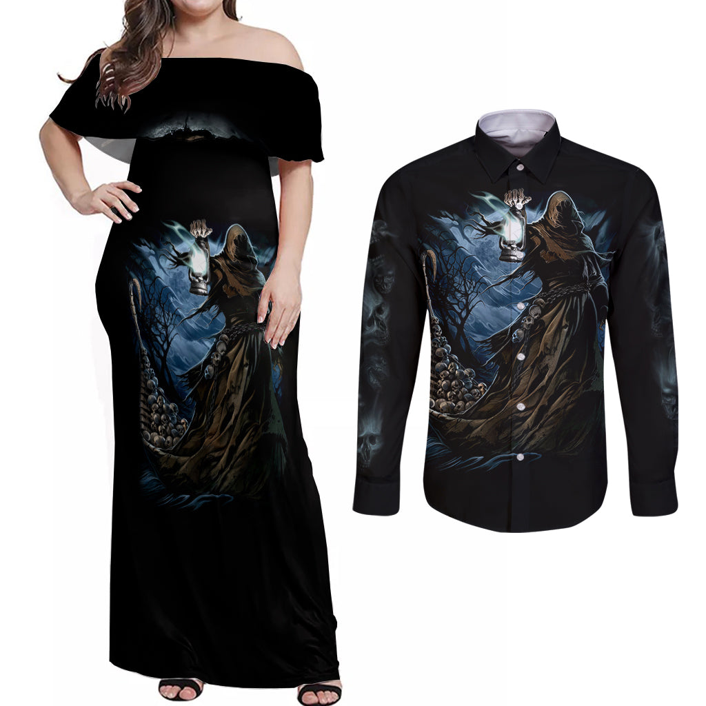 Grim Reaper Couples Matching Off Shoulder Maxi Dress and Long Sleeve Button Shirts The Ferryman Of The Underworld with Charon Skull Black - Wonder Print Shop