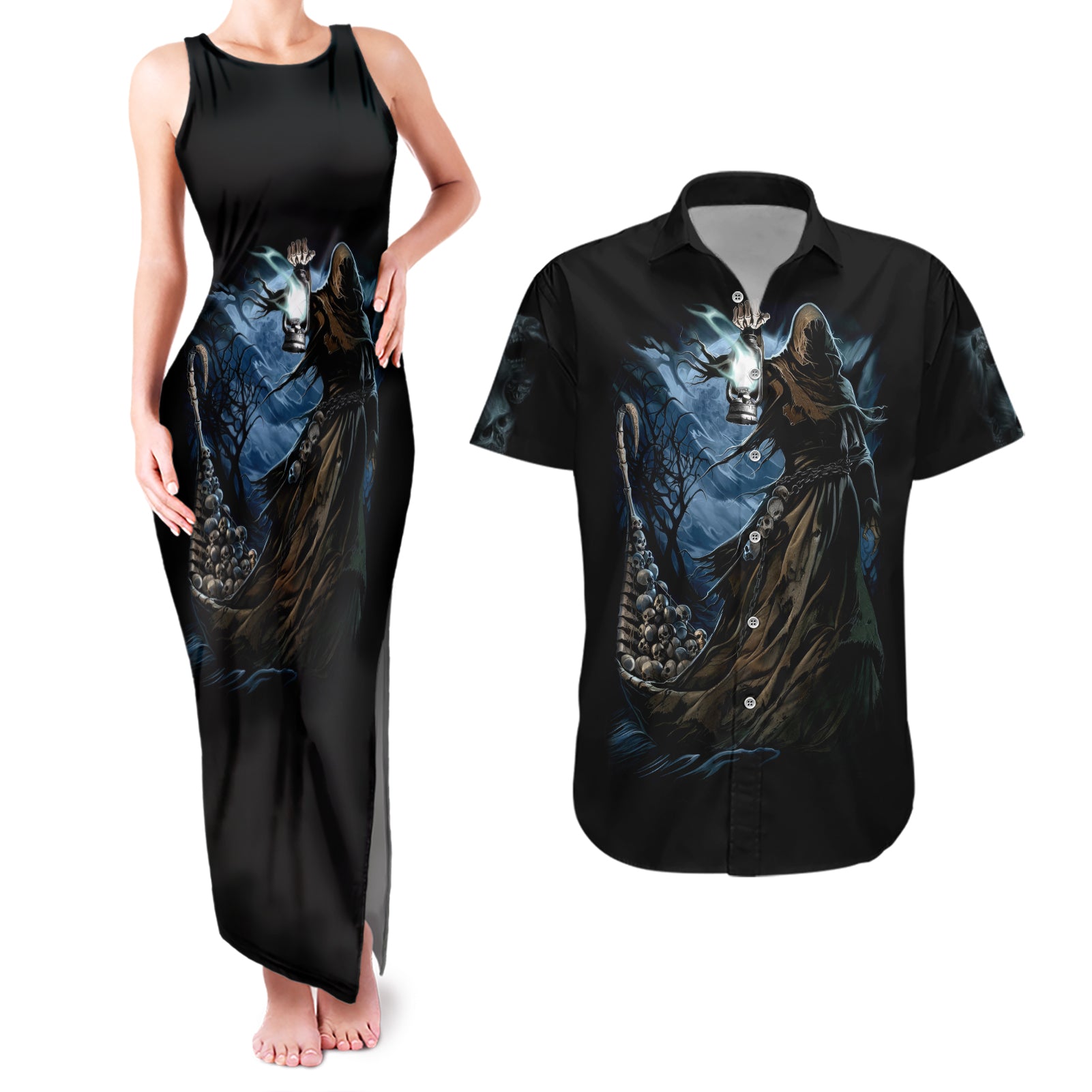 Grim Reaper Couples Matching Tank Maxi Dress And Hawaiian Shirt The Ferryman Of The Underworld with Charon Skull Black - Wonder Print Shop