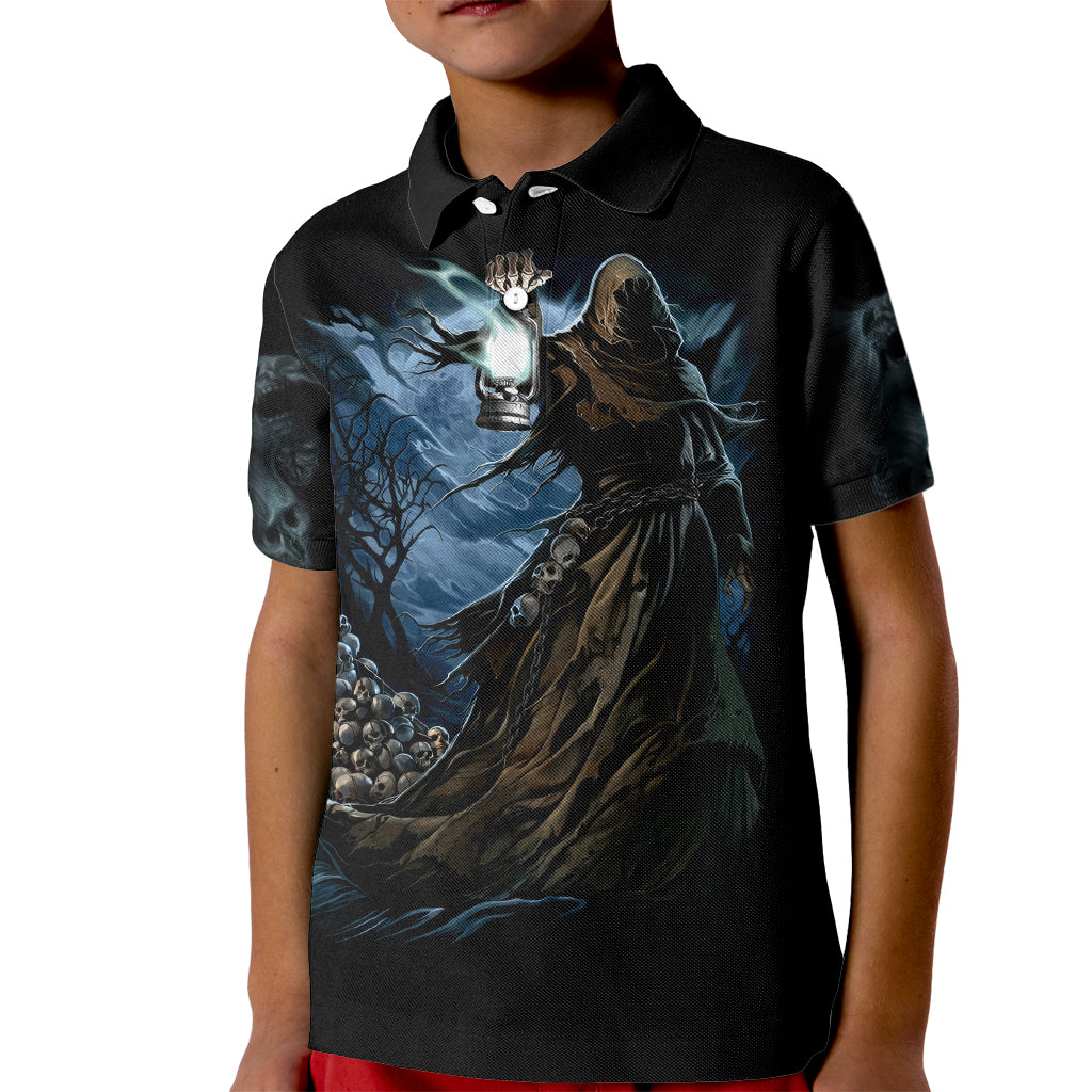 Grim Reaper Kid Polo Shirt The Ferryman Of The Underworld with Charon Skull Black - Wonder Print Shop