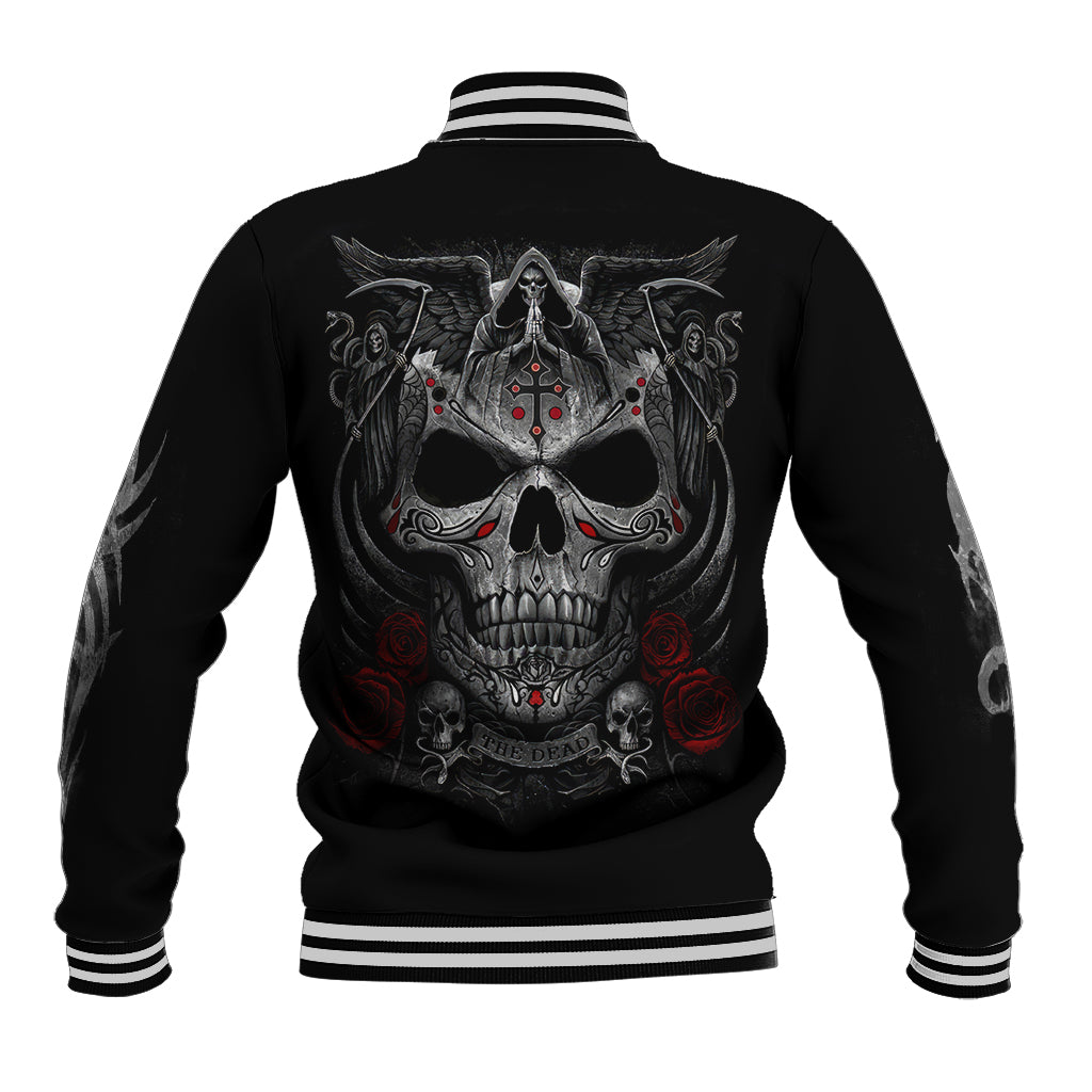 Black baseball jacket with striped rib trim and back skull cross graphic