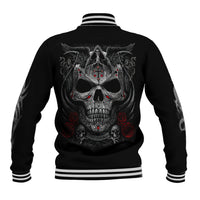 Black baseball jacket with striped rib trim and back skull cross graphic