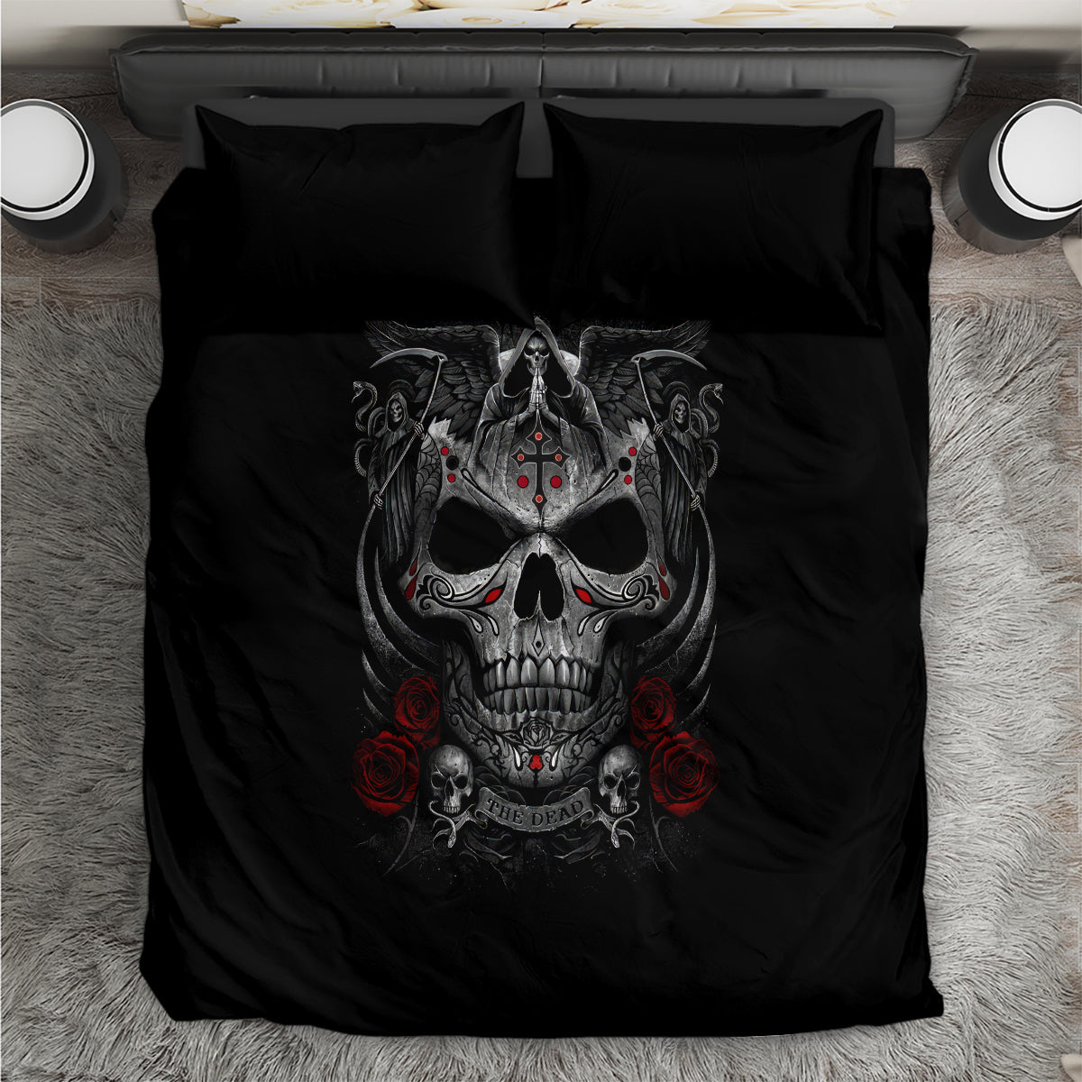 Black skull bedding set with large front graphic and two matching pillows