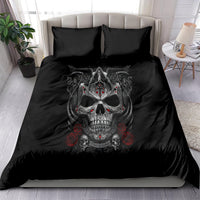 Black skull duvet cover with red roses and two matching pillows, gothic center graphic