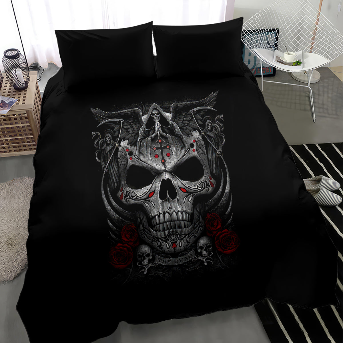 Black duvet cover bedding set featuring skull, wings, red roses, and two pillows