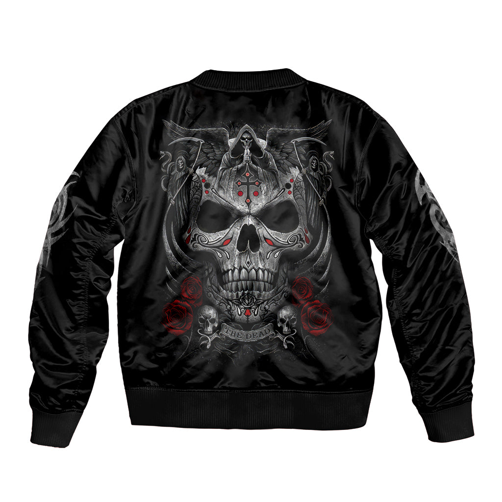 Black unisex bomber jacket with ribbed cuffs and large back skull graphic