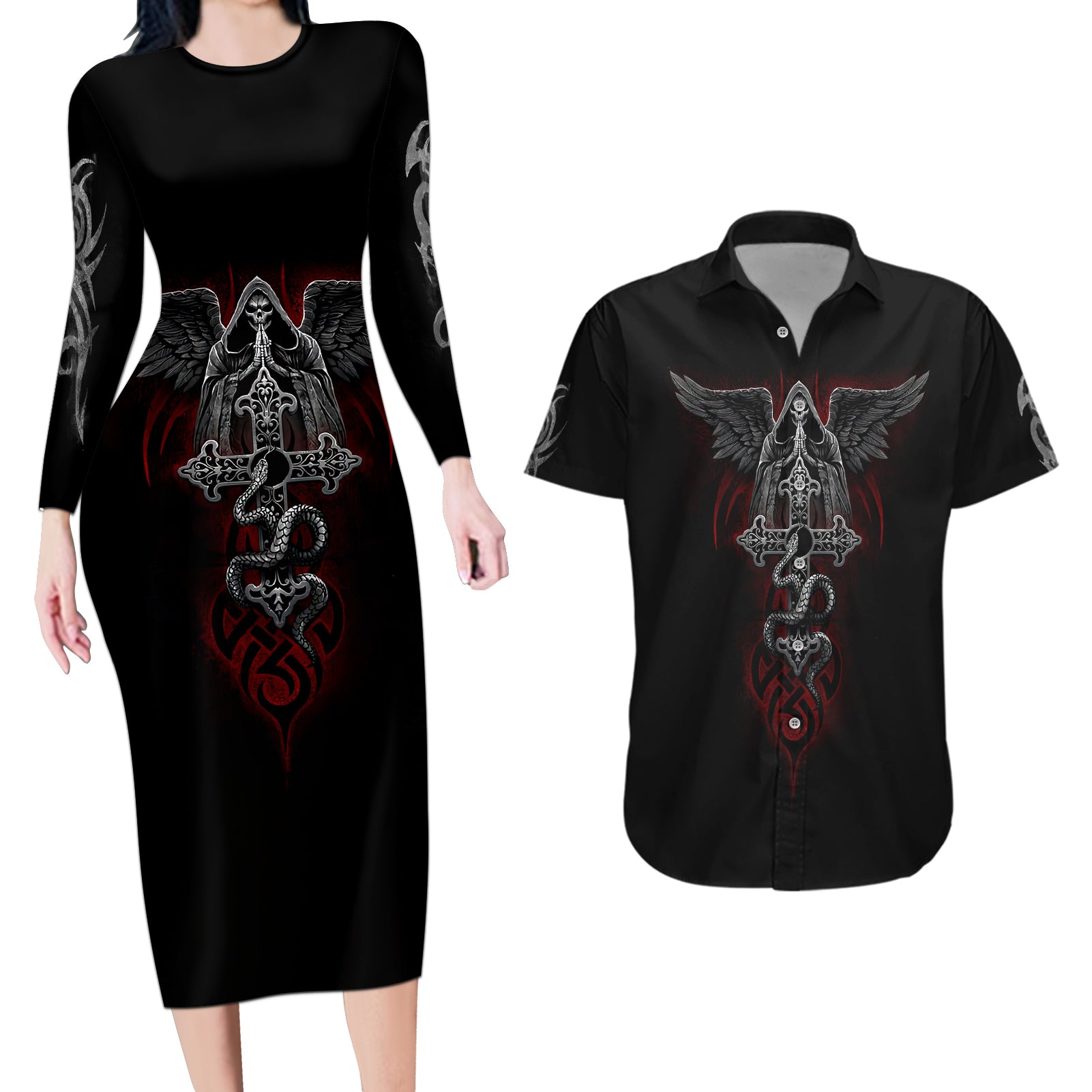 Skull Couples Matching Long Sleeve Bodycon Dress and Hawaiian Shirt Cross Snake Bloody Skull - Wonder Print Shop