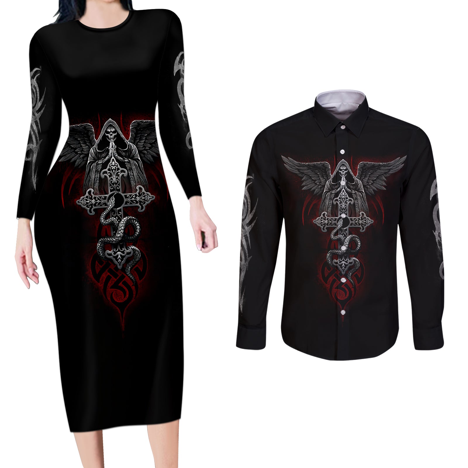 Skull Couples Matching Long Sleeve Bodycon Dress and Long Sleeve Button Shirts Cross Snake Bloody Skull - Wonder Print Shop