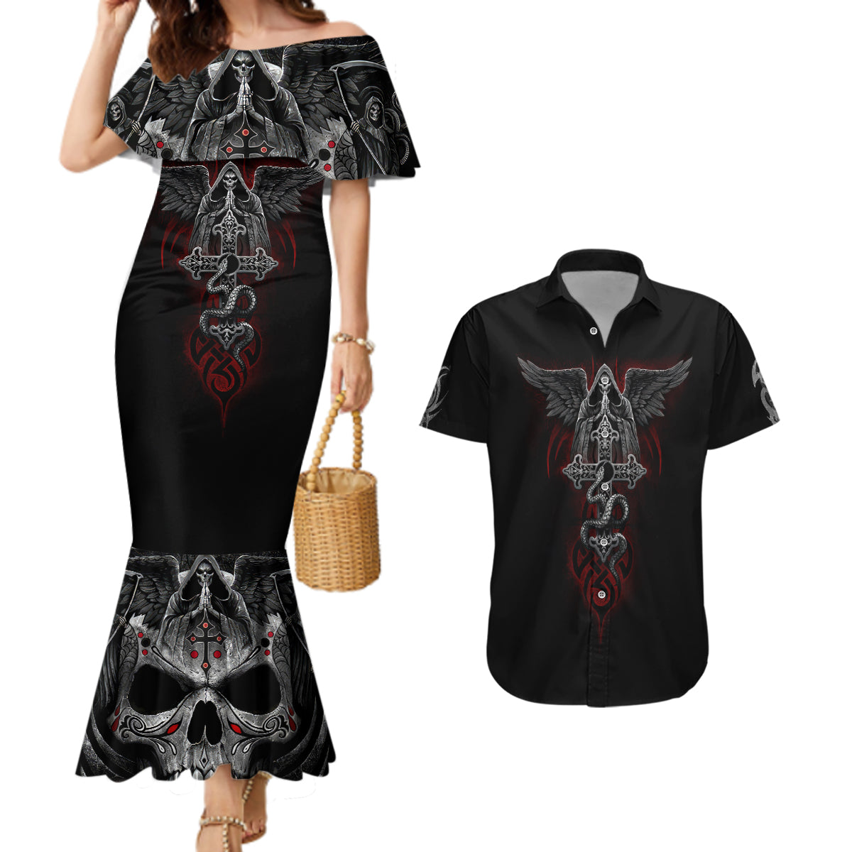 Skull Couples Matching Mermaid Dress And Hawaiian Shirt Cross Snake Bloody Skull - Wonder Print Shop