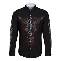 Black long-sleeve button shirt with front skull and cross design graphic