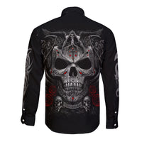 Black long-sleeve button shirt with back skull, roses, and crossbones graphic